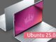 Laptop showing the Ubuntu Linux 25.04 welcome screen at startup