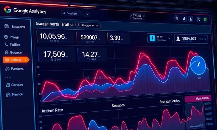 Graph showing website analytics data with visitor trends, traffic sources, and engagement metrics.