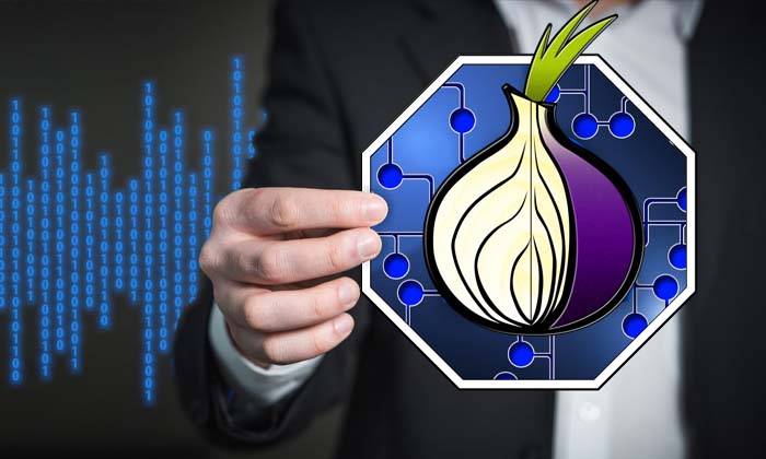 illustration representing the Dark Web and the TOR logo with hidden websites and anonymous browsing.