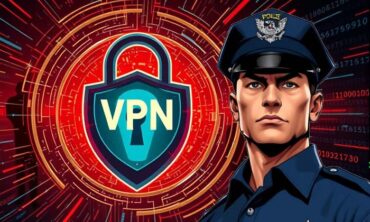 Police officer standing next to a shield with VPN symbol