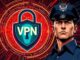 Police officer standing next to a shield with VPN symbol